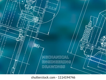 Blueprint, Sketch. Vector engineering illustration. Cover, flyer, banner, background. Instrument-making drawings. Mechanical engineering drawing. Technical illustration. Blue background