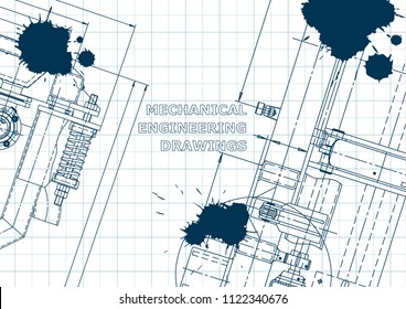Blueprint, Sketch. Vector engineering illustration. Cover, flyer, banner, background. Instrument-making drawings. Mechanical engineering drawing. Technical illustrations. Blue Ink. Blots