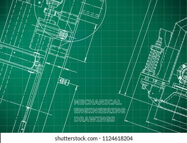 Blueprint, Sketch. Vector engineering illustration. Cover, flyer, banner, background. Instrument-making drawings. Mechanical engineering drawing. Technical illustration. Light green background. Grid