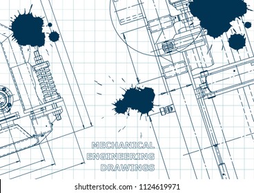 Blueprint, Sketch. Vector engineering illustration. Cover, flyer, banner, background. Instrument-making drawings. Mechanical engineering drawing. Technical. Blue Ink. Blots