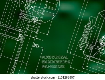 Blueprint, Sketch. Vector engineering illustration. Cover, flyer, banner, background. Instrument-making drawings. Mechanical engineering drawing. Technical illustration. Green background