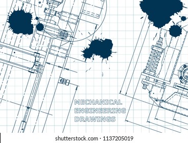 Blueprint, Sketch. Vector engineering illustration. Cover, flyer, banner, background. Instrument-making drawings. Mechanical engineering drawing. Technical illustration. Blue Ink. Blots