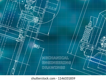 Blueprint, Sketch. Vector engineering illustration. Cover, flyer, banner, background. Instrument-making drawings. Mechanical engineering drawing. Technical illustration. Blue background. Grid