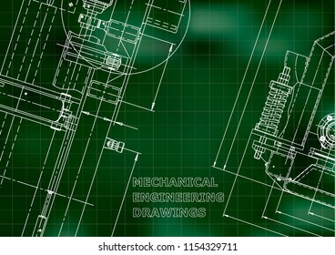 Blueprint, Sketch. Vector engineering illustration. Cover, flyer, banner, background. Instrument-making drawings. Mechanical engineering drawing. Technical illustration. Green background. Grid