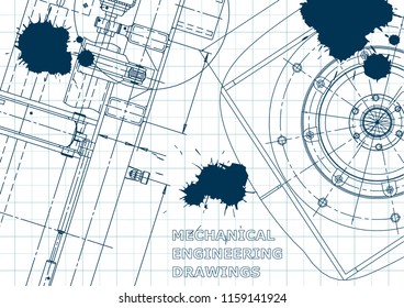 Blueprint, Sketch. Vector engineering illustration. Cover, flyer, banner, background. Instrument-making drawing. Blue Ink. Blots
