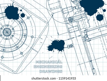 Blueprint, Sketch. Vector engineering illustration. Cover, flyer, banner background Instrument-making Blue Ink Blots