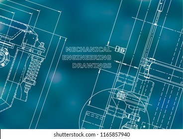 Blueprint, Sketch. Vector engineering illustration. Cover, flyer, banner, background. Instrument-making drawings. Mechanical engineering drawing. Technical illustrations. Blue background