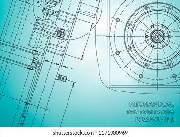 Blueprint, Sketch. Vector engineering illustration. Cover, flyer, banner, background. Instrument-making drawings. Mechanical drawing. Light blue