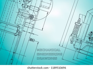 Blueprint, Sketch. Vector engineering illustration. Cover, flyer, banner, background. Instrument-making drawings. Mechanical engineering drawing. Technical illustration. Light blue
