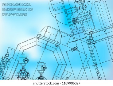 Blueprint, Sketch. Vector engineering illustration. Cover, flyer, banner, background. Instrument-making drawings. Mechanical engineering drawing. Technical illustrations, background. Blue