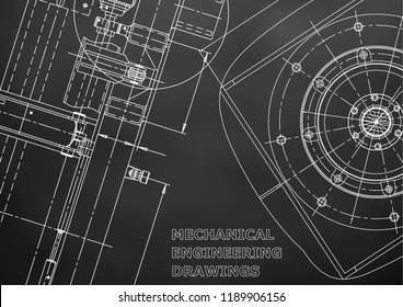 Blueprint, Sketch. Vector engineering illustration. Cover, flyer, banner, Black background. Instrument-making drawing