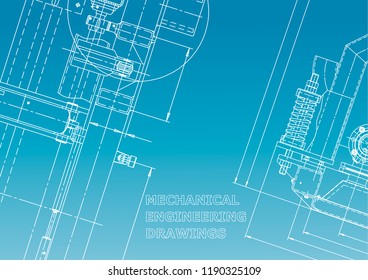 Blueprint, Sketch. Vector engineering illustration. Cover, flyer, banner, background. Instrument-making drawings. Mechanical engineering drawing. Technical illustration. Blue and white