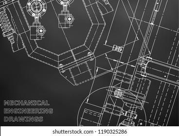 Blueprint, Sketch. Vector engineering illustration. Cover, flyer, banner, background. Instrument-making drawings. Mechanical engineering drawing. Technical illustrations, Black background. Scheme