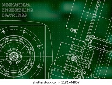 Blueprint, Sketch. Vector engineering illustration. Cover, flyer, banner, Green background. Points. Instrument-making drawings. Mechanical engineering drawing