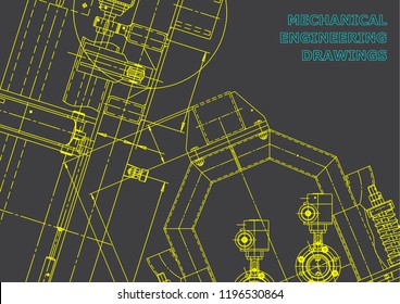 Blueprint, Sketch. Vector engineering illustration. Cover, flyer, banner, background. Instrument-making drawings. Mechanical engineering drawing. Technical illustrations, backgrounds. Gray