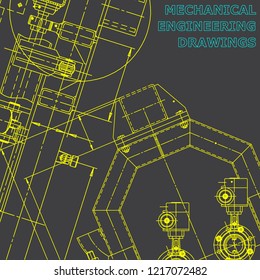Blueprint, Sketch. Vector engineering illustration. Cover, flyer, banner, background. Instrument-making drawings. Mechanical engineering drawing. Technical illustration. Corporate Identity. Gray