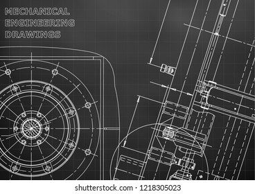 Blueprint, Sketch. Vector engineering illustration. Cover, flyer, banner, Black background. Grid. Instrument-making drawings. Mechanical engineering drawing