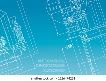 Blueprint, Sketch. Vector Engineering Illustration. Cover, Flyer, Banner, Background. Instrument-making Drawings. Mechanical Engineering Drawing. Technical. Blue And White