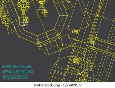 Blueprint, Sketch. Vector engineering illustration. Cover, flyer, banner, background. Instrument-making drawings. Mechanical engineering drawing. Technical illustrations, backgrounds. Scheme. Gray