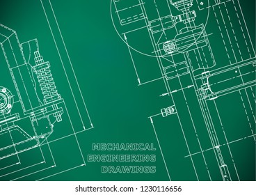 Blueprint, Sketch. Vector engineering illustration. Cover, flyer, banner, Light green background. Instrument-making drawings. Mechanical engineering drawing. Technical