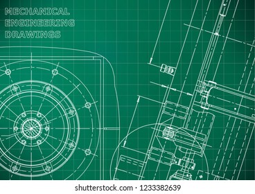 Blueprint, Sketch. Vector engineering illustration. Cover, flyer, banner, Light green background. Grid. Instrument-making drawings. Mechanical engineering drawing