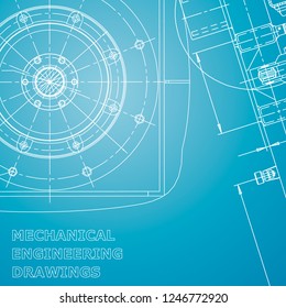 Blueprint, Sketch. Vector engineering illustration. Cover, flyer, banner, background. Instrument. Mechanical. Corporate Identity. Blue and white