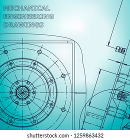 Blueprint, Sketch. Vector engineering illustration. Cover, flyer, banner, background. Instrument-making drawing. Mechanical. Corporate Identity. Light blue