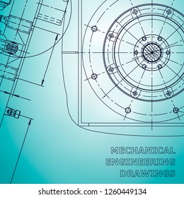 Blueprint, Sketch. Vector engineering illustration. Cover, flyer, banner, background. Instrument-making drawing. Corporate Identity. Light blue