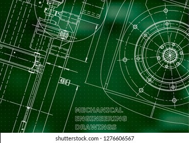 Blueprint, Sketch. Vector engineering illustration. Cover, flyer, banner. Green background. Points