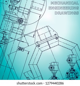 Blueprint, Sketch. Vector engineering illustration. Cover, flyer, banner, background. Instrument-making drawings. Mechanical engineering drawing. Technical illustration. Corporate Identity. Light blue