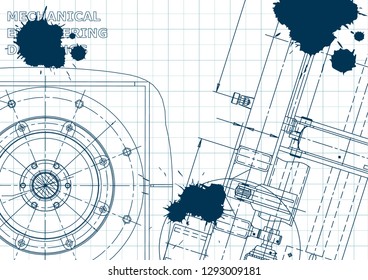 Blueprint, Sketch. Vector engineering illustration. Cover, flyer, banner, background. Instrument-making drawings. Mechanical engineering drawing. Blue Ink. Blots