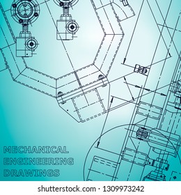 Blueprint, Sketch. Vector engineering illustration. Cover, flyer, banner, background. Instrument-making drawings. Mechanical engineering drawing. Technical illustrations, background. Light blue