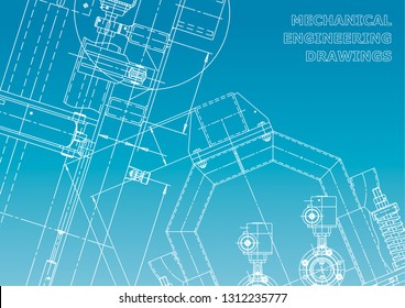 Blueprint, Sketch. Vector engineering illustration. Cover, flyer, banner, background. Instrument-making drawings. Mechanical engineering drawing. Technical illustrations, backgrounds. Blue and white