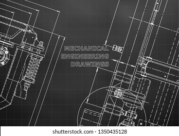 Blueprint, Sketch. Vector engineering illustration. Cover, flyer, banner, background. Instrument-making drawings. Mechanical engineering drawing. Technical illustrations. Black background. Grid