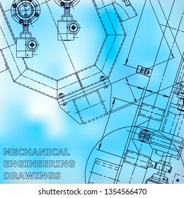 Blueprint, Sketch. Vector engineering illustration. Cover, flyer, banner, background. Instrument-making drawings. Mechanical engineering drawing. Technical illustrations, background. Blue