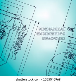 Blueprint, Sketch. Vector engineering illustration. Cover, flyer, banner, background. Instrument-making drawings. Mechanical engineering drawing. Light blue