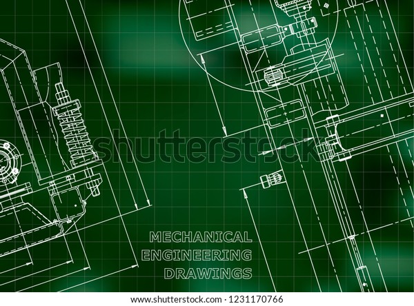 Blueprint, Sketch. Vector\
engineering illustration. Cover, flyer, banner, Green background.\
Grid. Instrument-making drawings. Mechanical engineering drawing.\
Technical