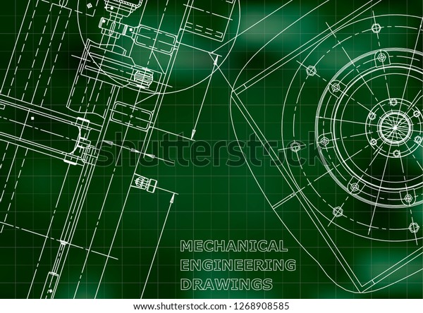 Blueprint, Sketch. Vector engineering\
illustration. Cover, flyer, banner, Green background. Grid.\
Instrument-making\
drawing