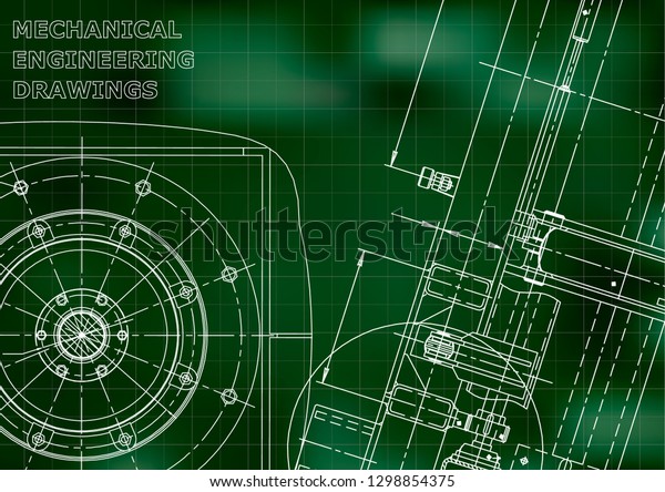 Blueprint, Sketch. Vector engineering\
illustration. Cover, flyer, banner, Green background. Grid.\
Instrument-making drawings. Mechanical engineering\
drawing
