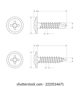 blueprint small and big screw self tapping, set screws illustration vector object