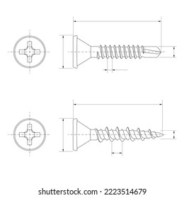 blueprint small and big screw self tapping, set screws illustration vector object