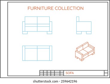 Blueprint of sofa, vector. Front view, top view and side view. Isometric projection of a couch. 