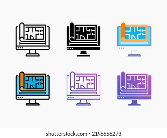Blueprint software application computer icon set with line, outline, flat, filled, glyph, color, gradient. Editable stroke and pixel perfect. Collection of Computer Software icons set.