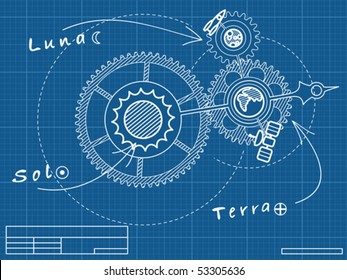 blueprint of space mechanic - with Sun, Earth and Moon