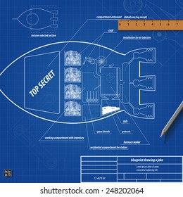 Blueprint space rocket drawing a joke, vector illustration eps 10