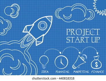 Blueprint of Space rocket launch. Start up concept flat design style. Vector illustration. Can be used for presentation, web page, booklet, etc.