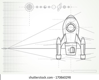 blueprint with spaceship scheme and planets - vector illustration