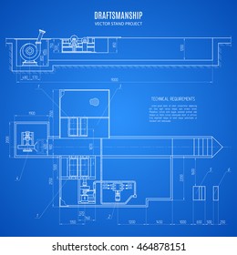 blueprint of the stand, technical drawing of the project on a blue background. stock vector illustration