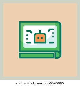 Blueprint Style Icon Representing a Simple Robot Design with Green and Orange Accents