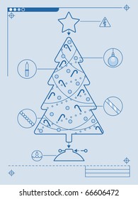 Blueprint style instructions for decorating a Christmas tree